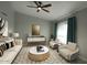 Bright living room featuring neutral decor, ceiling fan, and abundant natural light through an arch window at 2902 E Escondido Ave, Mesa, AZ 85204