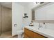 Bathroom with a modern vanity and walk in shower with tiled walls at 3922 E Elm St, Phoenix, AZ 85018