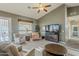 Bright and airy living room with a vaulted ceiling, ceiling fan, and large windows at 5742 S Creosote Dr, Gold Canyon, AZ 85118