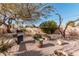 Desert landscaped backyard featuring a barbecue area, mature trees, and string lights at 80 S Maple Ct, Chandler, AZ 85226