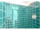 This teal tiled shower features tile walls, a shower head and temperature controls at 836 S Pasadena St, Mesa, AZ 85210