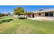 Large, grassy backyard with patio and mature trees at 10891 W Clair Dr, Sun City, AZ 85351