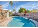 Sparkling backyard pool with rock landscaping, patio, and shaded seating at 1363 N Mckenna Ln, Gilbert, AZ 85233