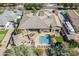 Aerial view of home featuring a pool, lounge area with seating, a fire pit, and neat backyard landscaping at 19727 E Julius Rd, Queen Creek, AZ 85142