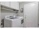 Well-lit laundry room featuring modern, white, front-loading washer and dryer appliances with extra shelving space above at 928 S San Joaquin Ct, Gilbert, AZ 85296