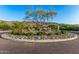 Community entrance featuring a decorative roundabout with mature tree and attractive desert landscaping at 9814 S 11Th St, Phoenix, AZ 85042