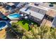 Aerial view of a private backyard with a pool, green lawn, playground, seating area, and fenced perimeter at 1353 N Avoca --, Mesa, AZ 85207