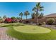 Manicured putting green in backyard featuring lush turf, desert landscaping, and mature palm trees at 16713 W Monte Vista Rd, Goodyear, AZ 85395