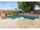 Backyard pool with surrounding deck and mature landscaping with a small fountain at 21732 N 86Th Ln, Peoria, AZ 85382