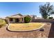 A spacious backyard with a curved, grassy area, bordered by gravel and a brick-lined edge at 2640 S Los Altos Dr, Chandler, AZ 85286