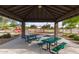 Covered picnic area with green picnic tables and a view of the playground with swings and slides in the background at 29983 W Fairmount Ave, Buckeye, AZ 85396