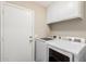 The laundry room is equipped with white, front-loading washer and dryer, with white cabinets above at 635 W Douglas Ave, Gilbert, AZ 85233