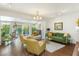 Open living room with hardwood floors, garden views, and stylish, colorful mid-century modern furniture at 1047 E 9Th St, Mesa, AZ 85203