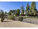 View of backyard landscaping and trees with a black metal fence and walking path at 11115 E Bellflower Ct, Sun Lakes, AZ 85248