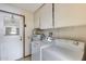 Functional laundry room with washer, dryer, water heater, and storage cabinets at 17428 N Boswell Blvd, Sun City, AZ 85373