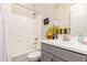 Bathroom with shower-tub combo, gray vanity, and a modern sink with neutral walls at 4887 N 184Th Ln, Goodyear, AZ 85395