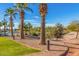 Community pool and golf course featuring palm trees, seating, and a picturesque landscape at 674 S 231St Dr, Buckeye, AZ 85326