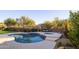 Private backyard featuring a kidney-shaped pool, spa, mature landscaping, and a relaxing outdoor living space at 7357 E Rochelle Cir, Mesa, AZ 85207