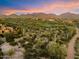 Scenic aerial view of a desert landscape, showcasing a golf course, natural vegetation, and distant mountain ranges at 9290 E Thompson Peak Pkwy # 401, Scottsdale, AZ 85255