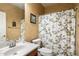 This bathroom features a single sink and a shower with a decorative bird themed shower curtain at 9765 E Lompoc Ave, Mesa, AZ 85209