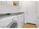 Bright laundry room equipped with appliances, shelving and a door to the outside at 1911 E Hartford Ave, Phoenix, AZ 85022