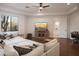 Spacious living room featuring a large sectional sofa, hard wood floors, and a wall-mounted television at 35530 N Canyon Crossings Dr, Carefree, AZ 85377