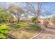 Spacious backyard featuring a low wall, desert landscaping, and mature shade trees at 1310 S Vine Ct, Gilbert, AZ 85233