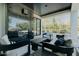 Relaxing covered outdoor living space with modern fireplace, comfortable seating and stylish black and white accents at 11745 N 99Th St, Scottsdale, AZ 85260