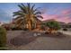 Charming single-story home with desert landscaping and a mature palm tree against a colorful sunset sky at 18400 N Deer Grass Ct, Surprise, AZ 85374