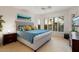 Inviting bedroom boasts a large bed, plantation shutters, and scenic views of the outdoors at 22416 N Arrellaga Dr, Sun City West, AZ 85375