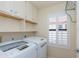 Laundry room with white washer and dryer, white cabinets and a window at 12224 N Gambel Dr, Fountain Hills, AZ 85268