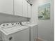 Functional laundry room with white washer and dryer, upper cabinets, and a lovely painting on the wall at 20821 W Ridge Rd, Buckeye, AZ 85396