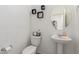 Clean, modern powder room featuring a pedestal sink, round mirror, and decorative wall shelves at 16789 W Moreland St, Goodyear, AZ 85338