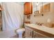 Cozy bathroom featuring a toilet, shower with curtain, vanity, and mirror at 17200 W Bell Rd # 2162, Surprise, AZ 85374