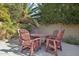 Outdoor seating area with four chairs and a table surrounded by beautiful landscaping at 5420 E Acoma Dr, Scottsdale, AZ 85254