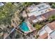 Stunning aerial view of a home featuring a private pool, lush landscaping, and a patio area perfect for outdoor entertaining at 7740 E Gainey Ranch Rd # 36, Scottsdale, AZ 85258