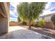 Spacious backyard with mature tree, partial landscaping, and an outdoor fire pit at 43639 W Blazen Trl, Maricopa, AZ 85138