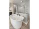 The bright bathroom features a free standing soaking tub and large frameless shower at 10455 E Thatcher Ave, Mesa, AZ 85212