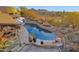 Elevated view of outdoor pool and desert surroundings, showcasing a private oasis at 34460 N 79Th Way, Scottsdale, AZ 85266