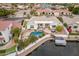 Aerial view of backyard with pool, dock, fire pit, and lake at 5323 W Rose Garden Ln, Glendale, AZ 85308