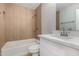 Modern bathroom showcasing a tiled shower and a vanity with a white countertop at 2157 N Recker Rd, Mesa, AZ 85215