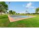 Outdoor basketball court with blue accents surrounded by green grass and trees at 926 W Grand Caymen Dr, Gilbert, AZ 85233