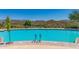 Community pool with comfortable lounge chairs and umbrellas, surrounded by desert landscape and mountain views at 3045 W Feather Sound Dr, Anthem, AZ 85086