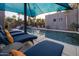 Relaxing pool area featuring lounge chairs, a blue sunshade, and lush landscaping at 59 W Cypress St, Phoenix, AZ 85003
