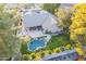 The aerial view highlights a backyard with a pool, green lawn, a covered patio and privacy wall at 10431 N 55Th Pl, Paradise Valley, AZ 85253