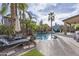 The backyard features a pool, lounge chairs, mature palm trees, and gazebo with comfortable outdoor seating at 21503 E Alyssa Ct, Queen Creek, AZ 85142