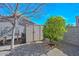 Backyard shed and citrus tree in a gravel-covered yard with block wall, under a clear blue sky at 12721 W Valentine Ave, El Mirage, AZ 85335