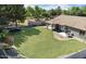 Expansive backyard with lush green lawn, covered patio, and mature trees at 3613 E Baranca Ct, Gilbert, AZ 85297