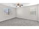 Bedroom with two windows, gray carpet, and a ceiling fan at 43524 W Bailey Dr, Maricopa, AZ 85138