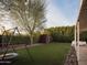 An expansive backyard with a swing set, manicured hedges, and ambient string lights at 6114 N 8Th St, Phoenix, AZ 85014